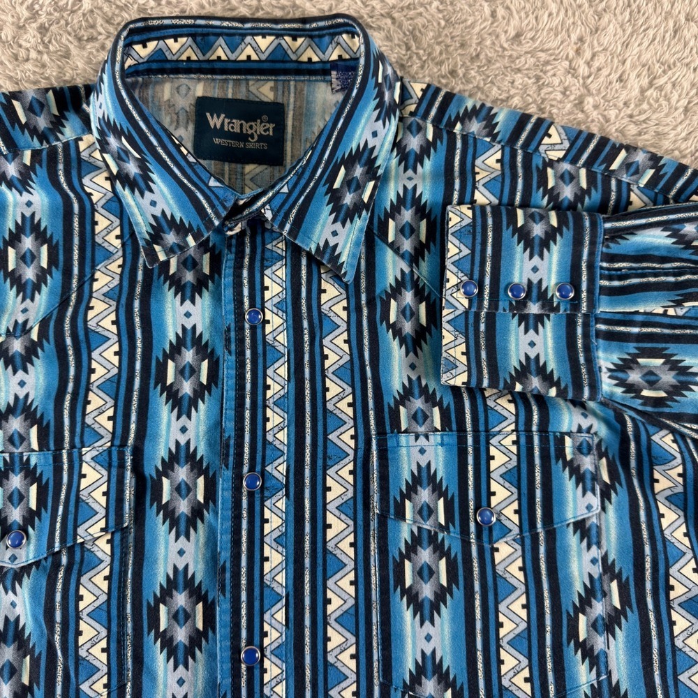 Wrangler Western Shirt Mens XXL Blue Aztec Tribal Pearl Snap 112318600 Cotton